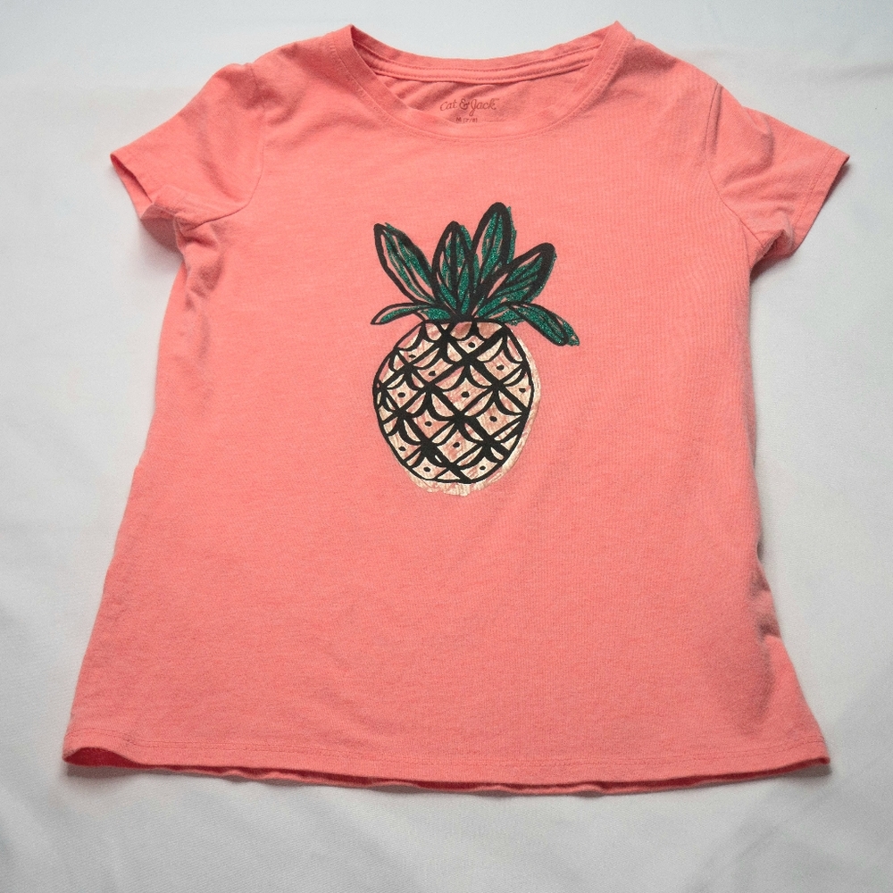 Cat & Jack Big Girls Medium 7/8 Coral Pink Pineapple Graphic Short Sleeve Shirt